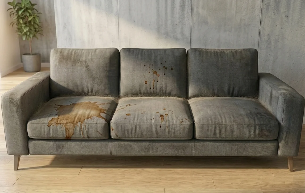 Profesyonel koltuk yıkama öncesi kirli ve lekeli koltuk görünümü